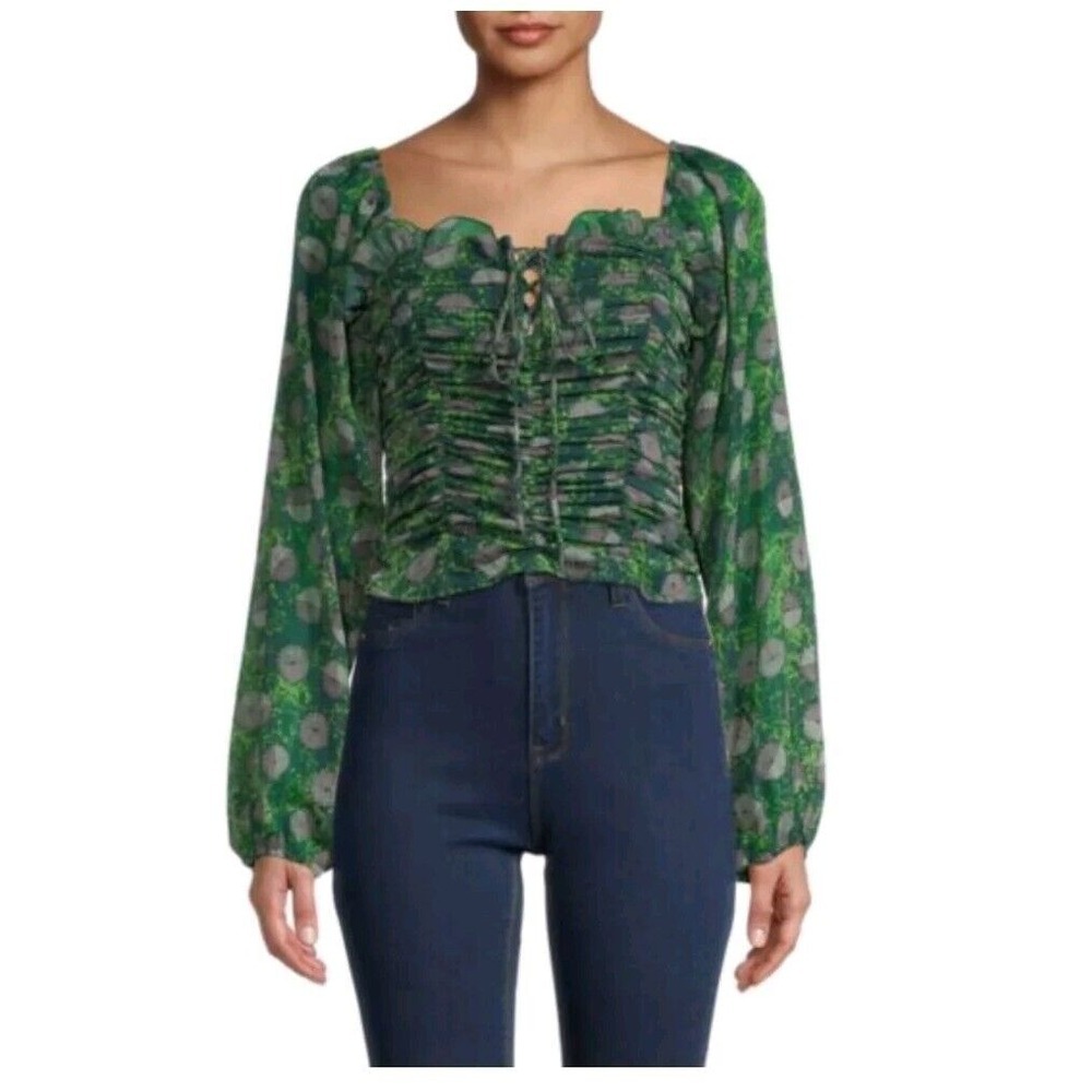 BCBGENERATION Ruched Lace-Up Women's Blouse Top Long Sleeve Green Size L